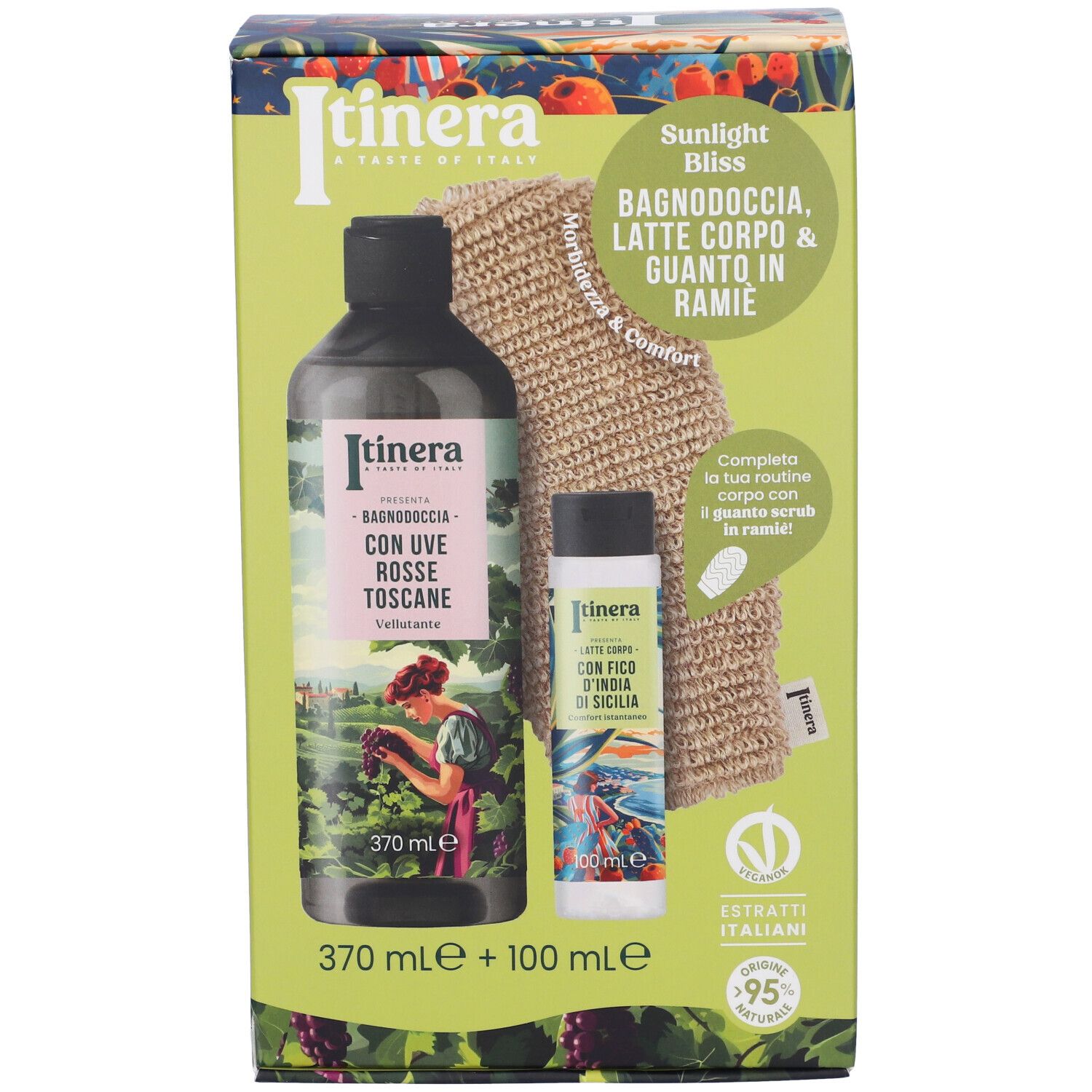 Set regalo Itinera: Bagnodoccia 370ml, Latte corpo 100ml, Guanto in ramia.