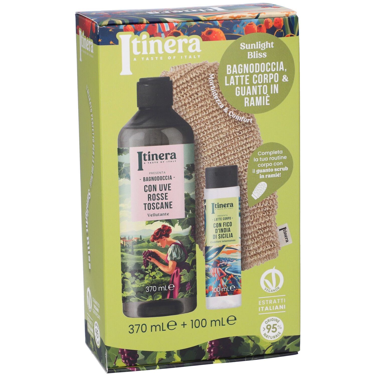 Set Itinera bagnoschiuma e latte corpo con guanto in ramie.
