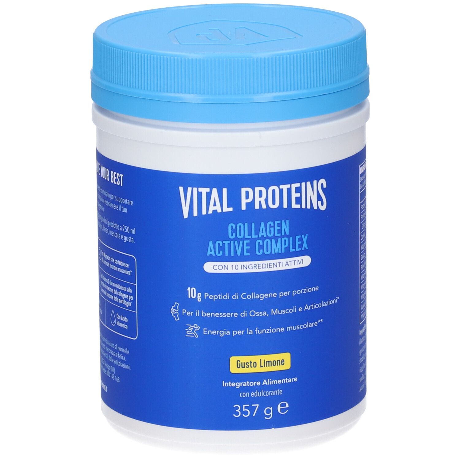 Barattolo blu e bianco con coperchio blu. Scritta: Vital Proteins, Collagen Active Complex, Gusto Limone. 357 g.