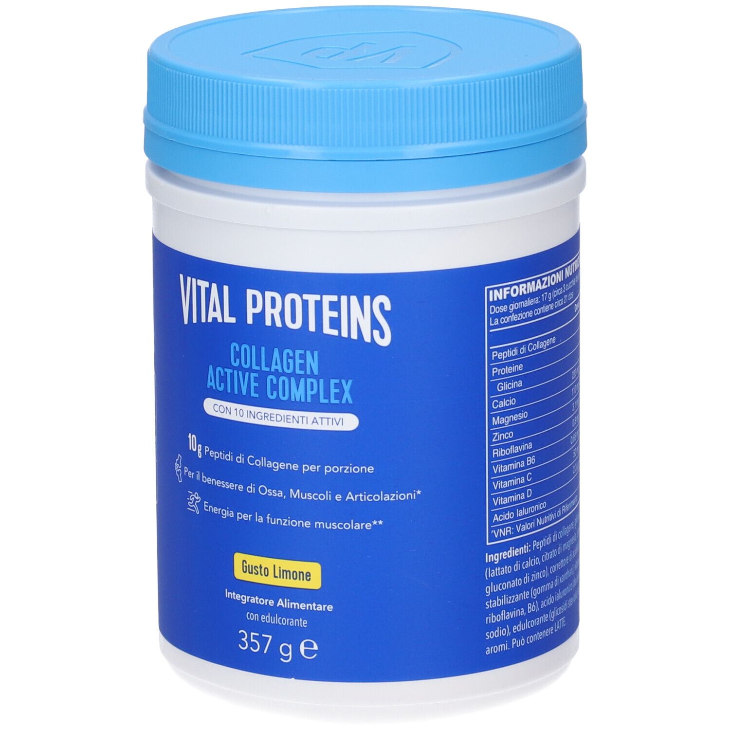 Barattolo blu e bianco con coperchio blu. Scritta: Vital Proteins, Collagen Active Complex, Gusto Limone. 357 g. Lista ingredienti.