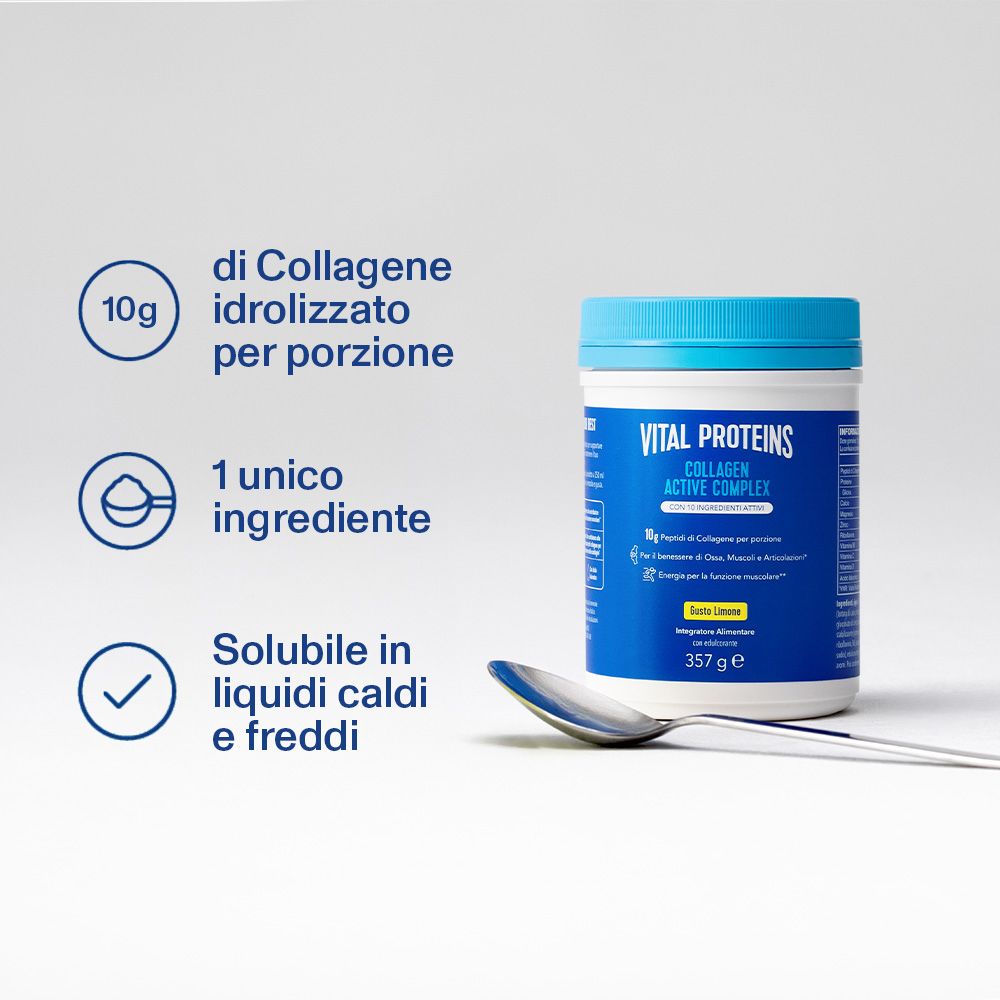 Barattolo blu e bianco con coperchio blu. Scritta: VITAL PROTEINS. Contiene 10g di collagene idrolizzato per porzione. Cucchiaio.