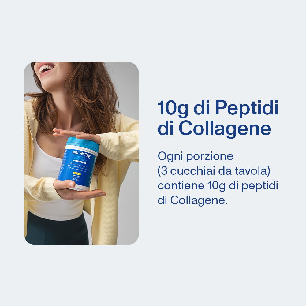 Donna tiene barattolo. Testo: 10g di peptidi di collagene per porzione. Ogni porzione contiene 10g di peptidi di collagene.