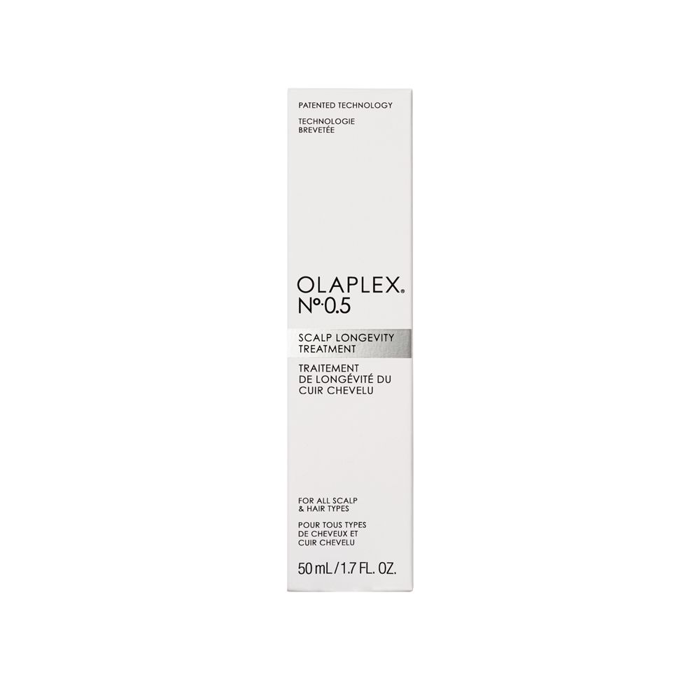 Olaplex N°.0.5 Scalp Longevity Treatment. Confezione bianca con informazioni e marchio. Testo multilingue.