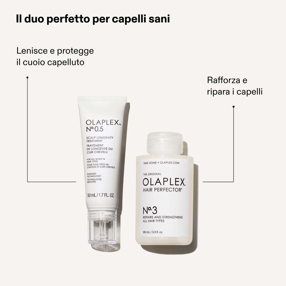 Olaplex N°.0.5 e Olaplex N°.3. Due prodotti affiancati. Confezione bianca.