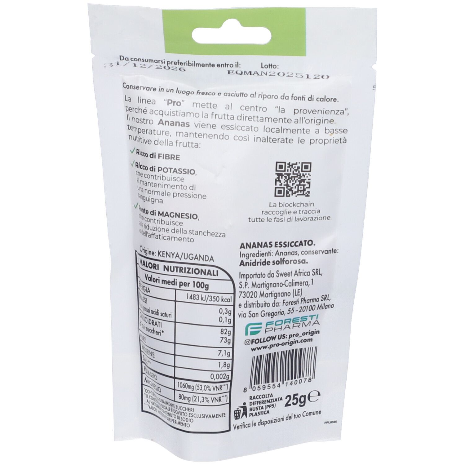 Retro della confezione. Tabella nutrizionale e ingredienti. Codice QR. 25g. Origine: Kenya/Uganda.