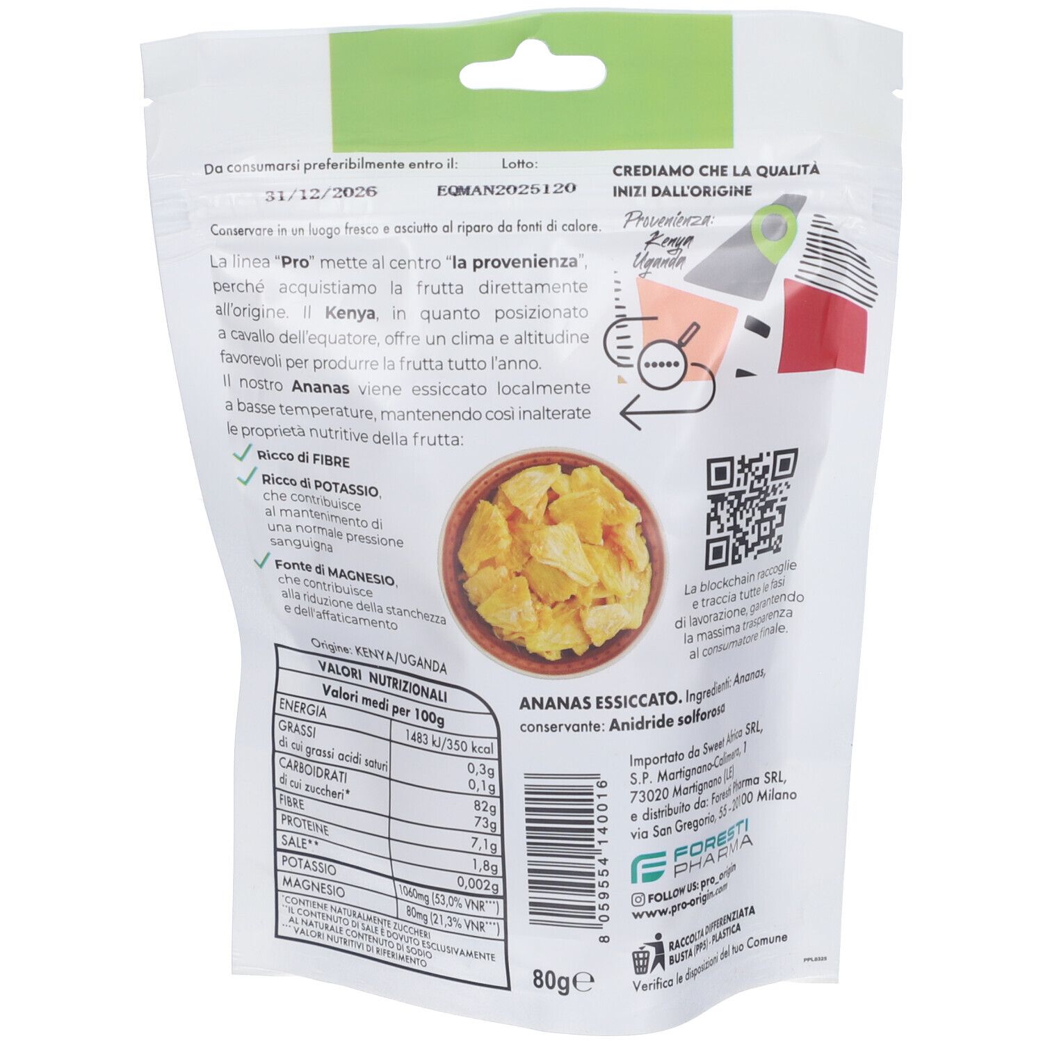 Retro della confezione di PRO ANANAS ESSICCATO. Testo e valori nutrizionali. Codice QR.