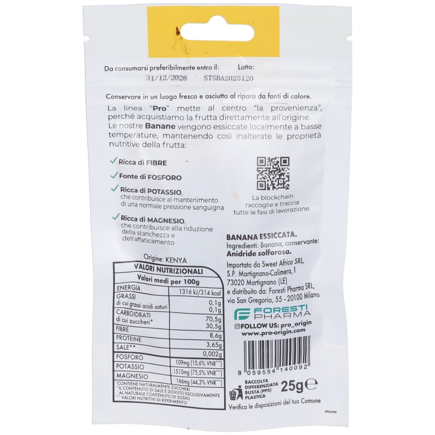 Retro della confezione. Testo con valori nutrizionali e ingredienti. Codice QR e logo "Pro". Contiene 25g.