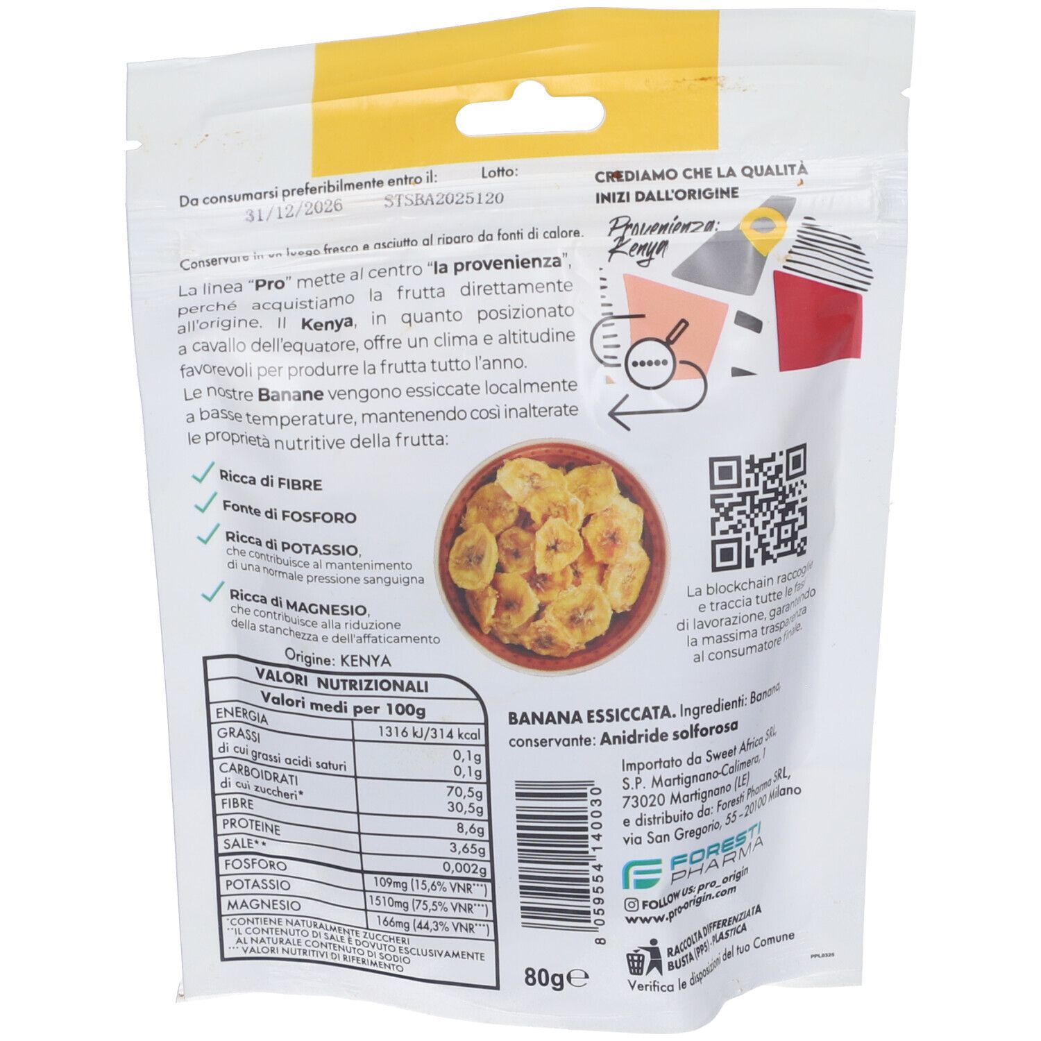 Retro della confezione con testo e informazioni nutrizionali. Immagine di fette di banana essiccata. 80g.