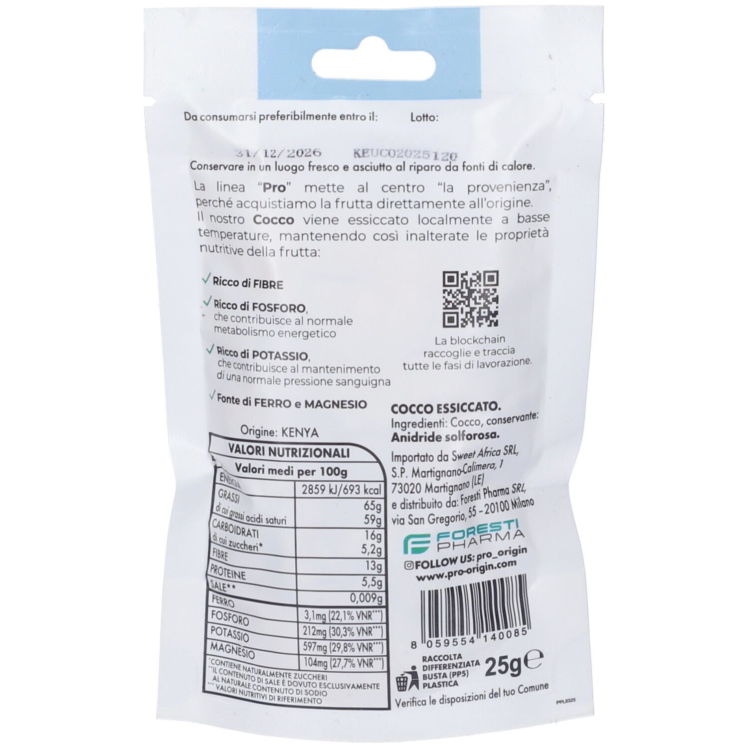 Retro della confezione. Contiene informazioni nutrizionali e dettagli sull'origine e gli ingredienti del cocco.