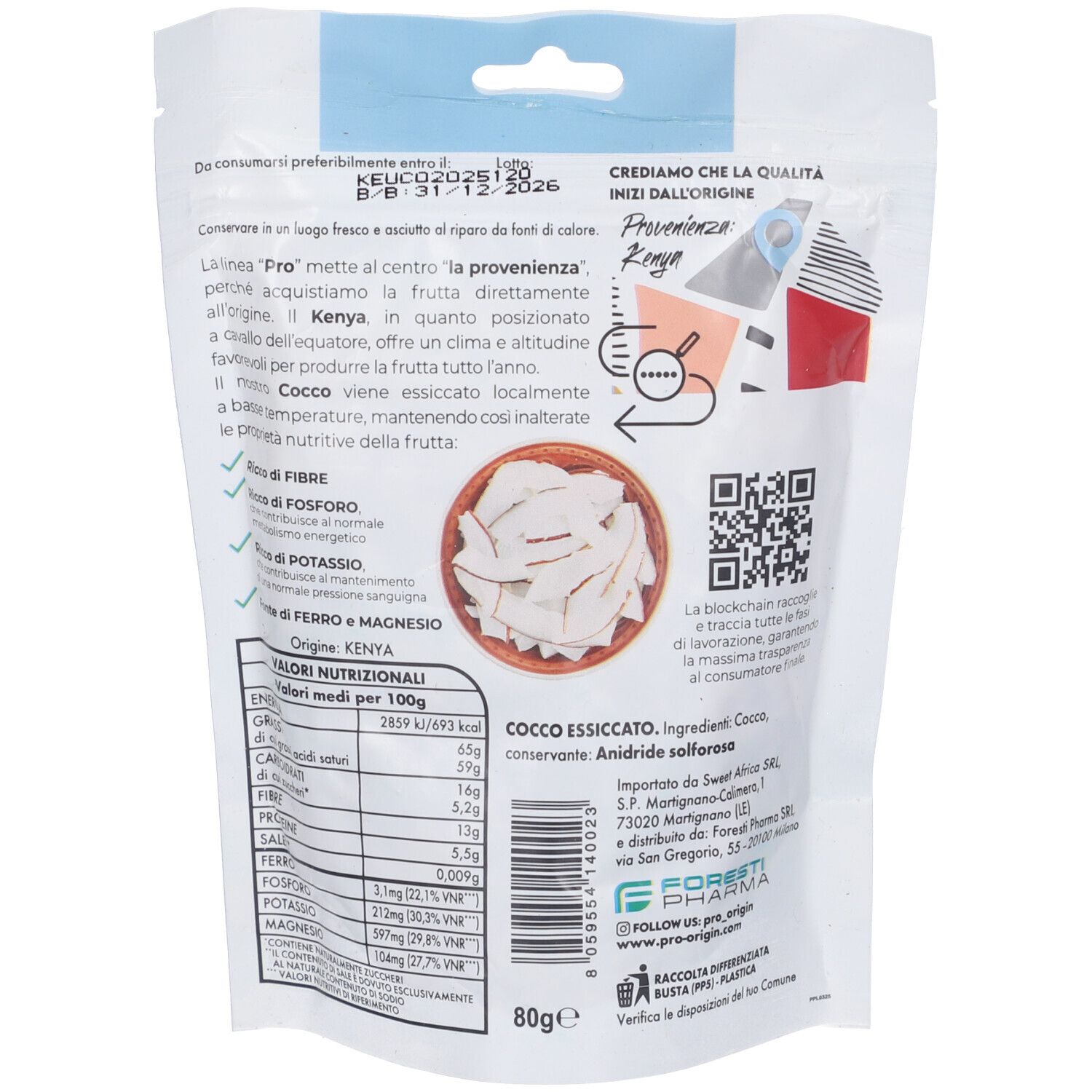 Retro della confezione con informazioni nutrizionali e testo. Cocco essiccato. 80g.