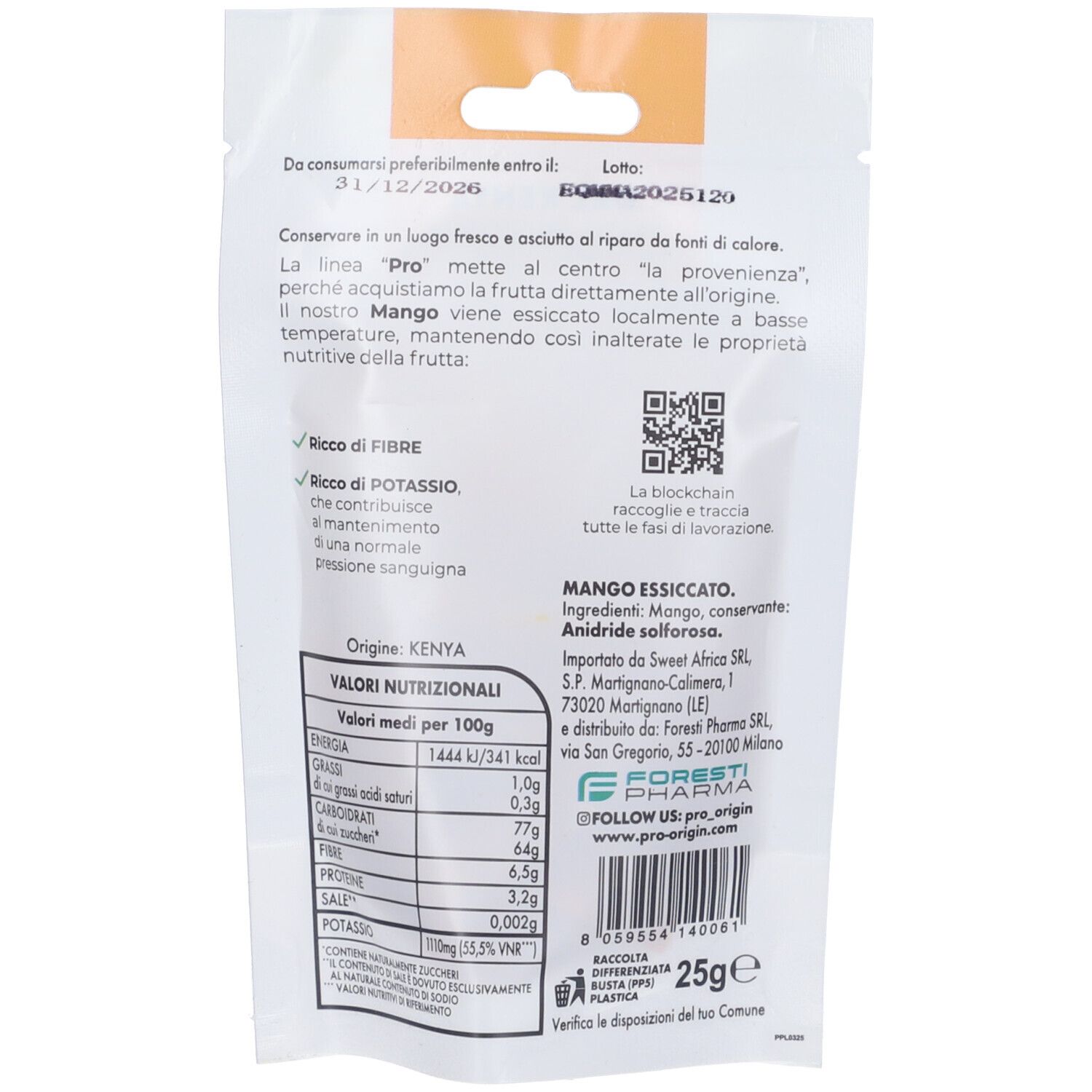 Retro della confezione con informazioni nutrizionali e ingredienti. Testo in italiano. Codice QR.