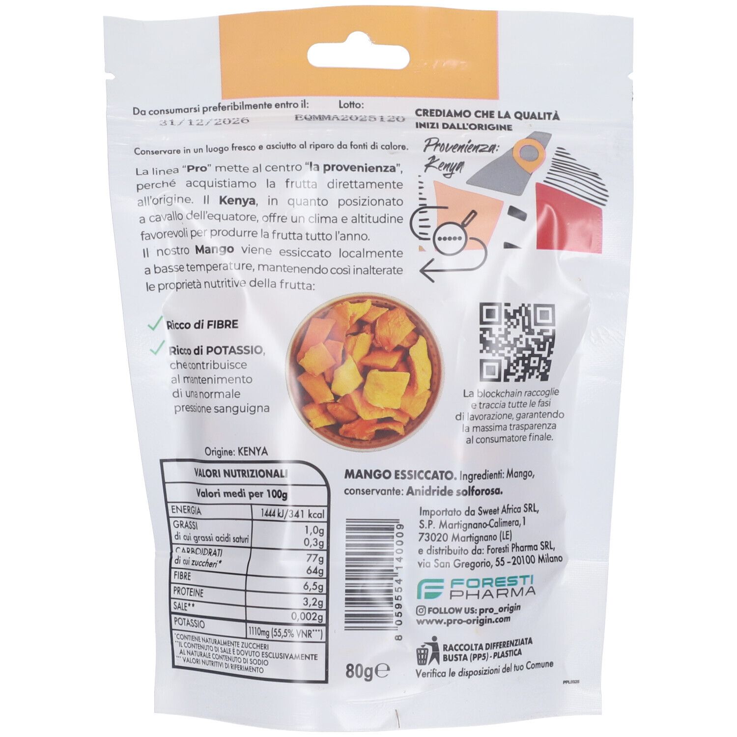 Retro della confezione. Testo e informazioni nutrizionali per mango essiccato. Codice QR e logo. Origine: Kenya.