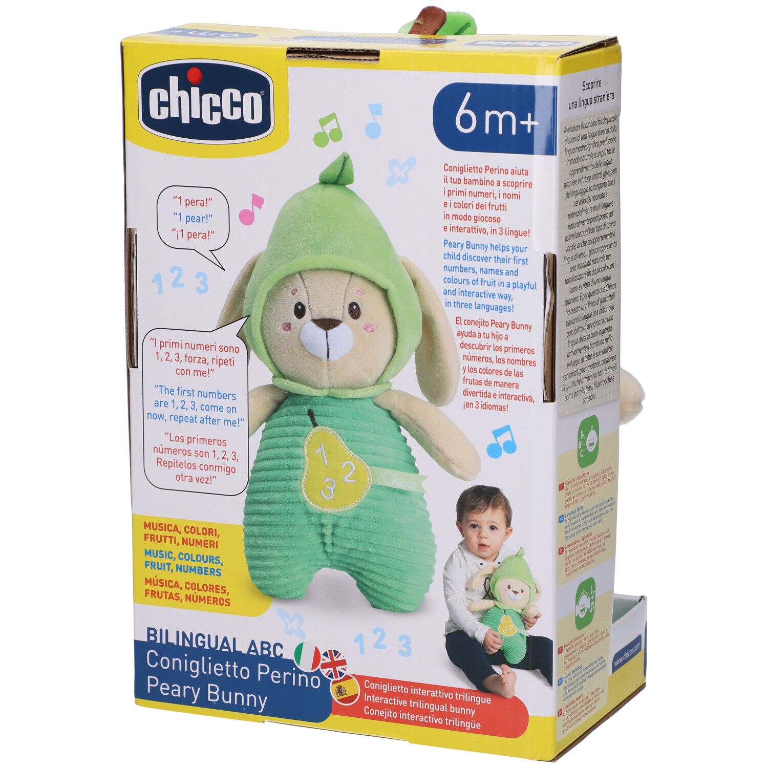 Coniglietto di peluche "Bilingual ABC Peary Bunny" di Chicco nella sua confezione verde.