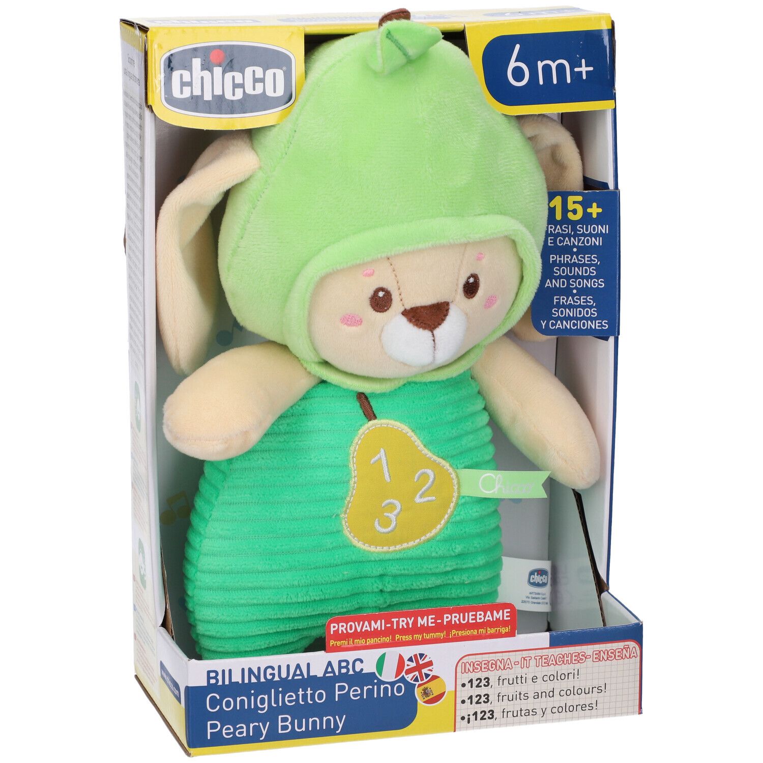 Coniglio di peluche con cappello a pera e salopette, in confezione. Offre suoni e canzoni. Dai 6 mesi.