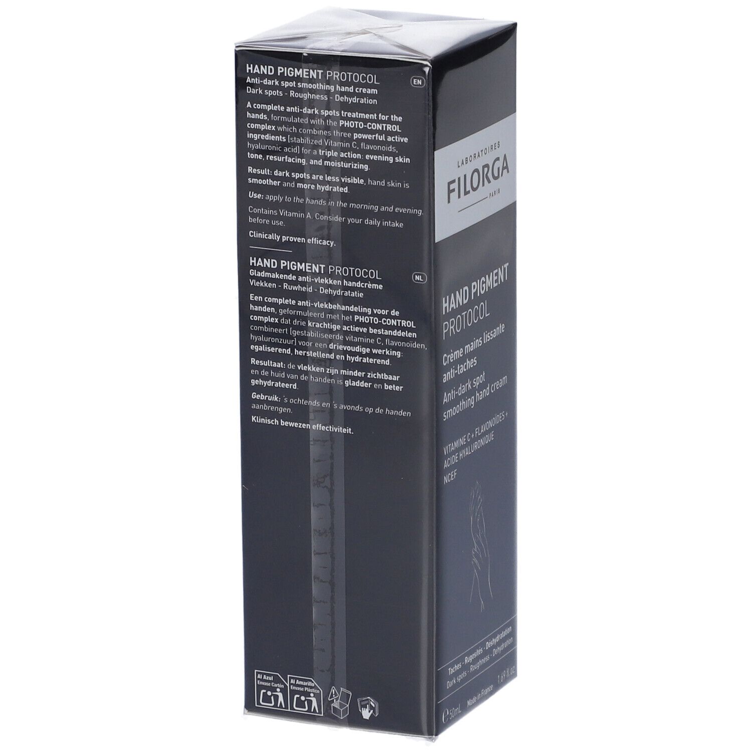 Confezione Filorga Hand Pigment Protocol Crema, retro con testo.