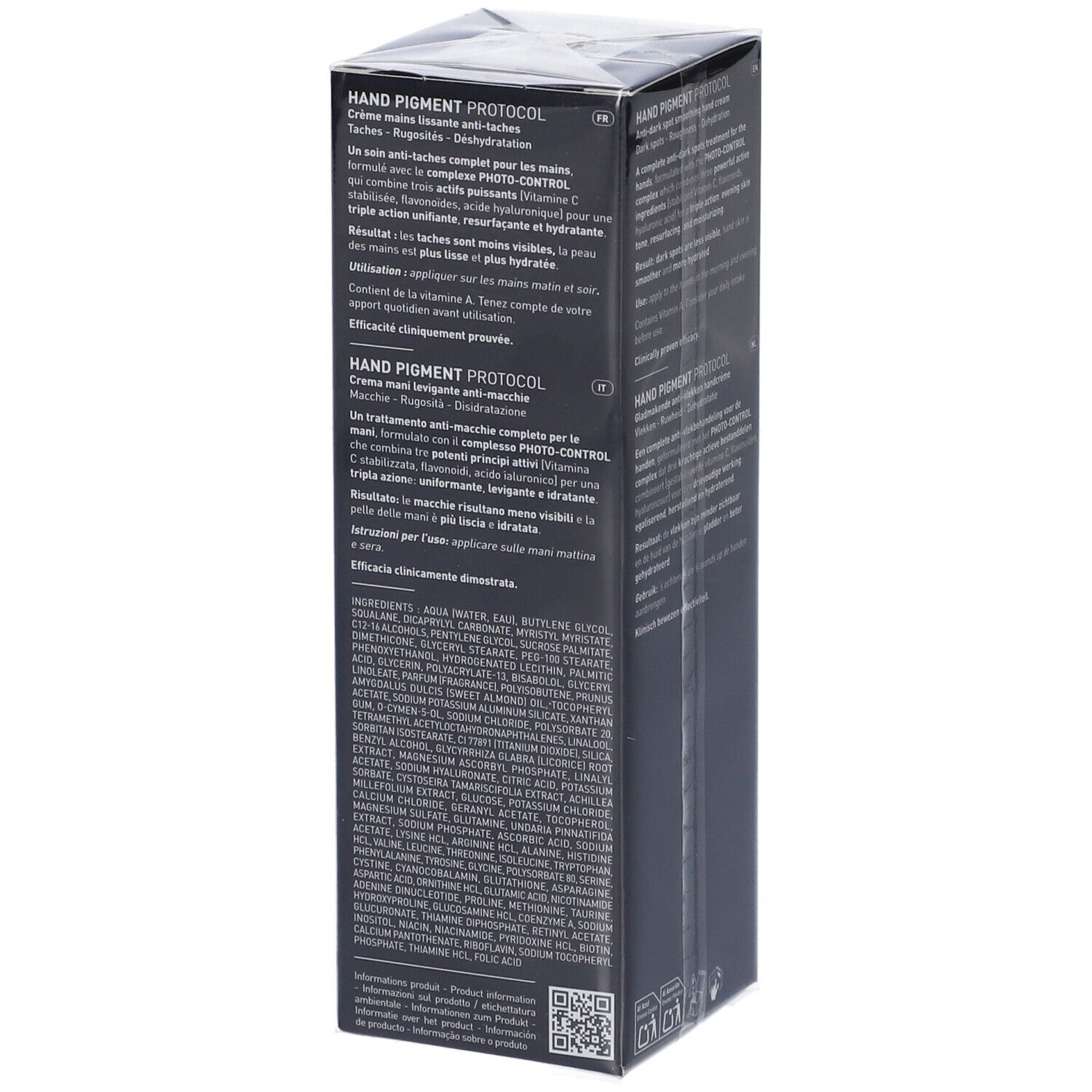 Confezione Filorga Hand Pigment Protocol Crema, lato con ingredienti.