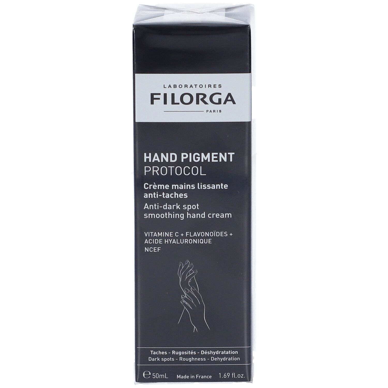 Confezione Filorga Hand Pigment Protocol Crema, fronte con nome prodotto.