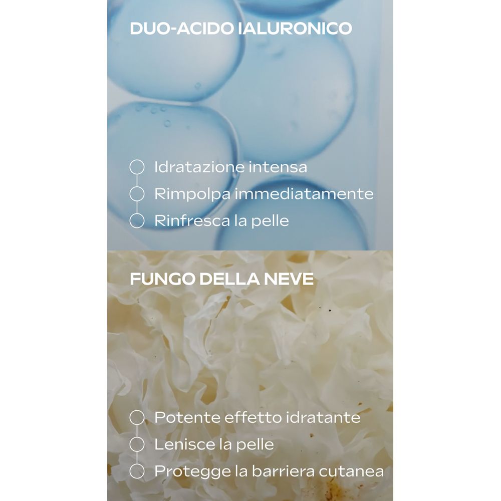 Grafica con testo. Duo-Acido Ialuronico, Fungo della neve. Testo: Idratatione intensa, Rinfresca la pelle.