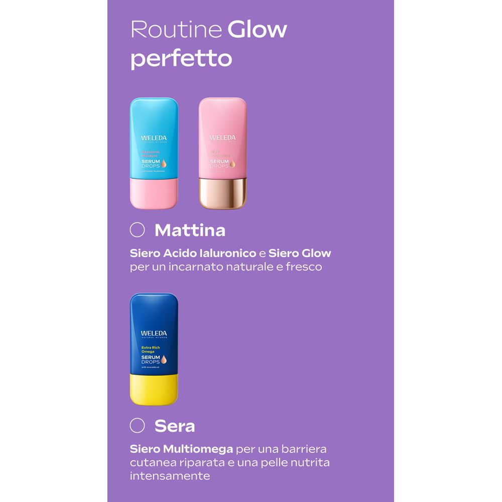 Due flaconi. Testo: Mattina, Sera. Siero Acido Ialuronico e Siero Glow, Siero Multiomega.