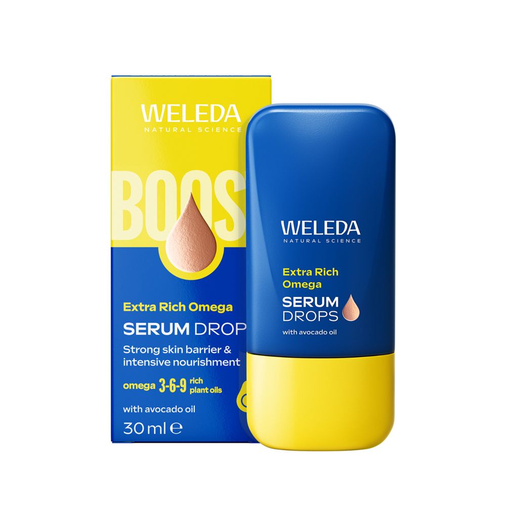 Flacone e scatola. Scritta: WELEDA, Extra Rich Omega, Serum Drops, con olio di avocado. 30 ml.