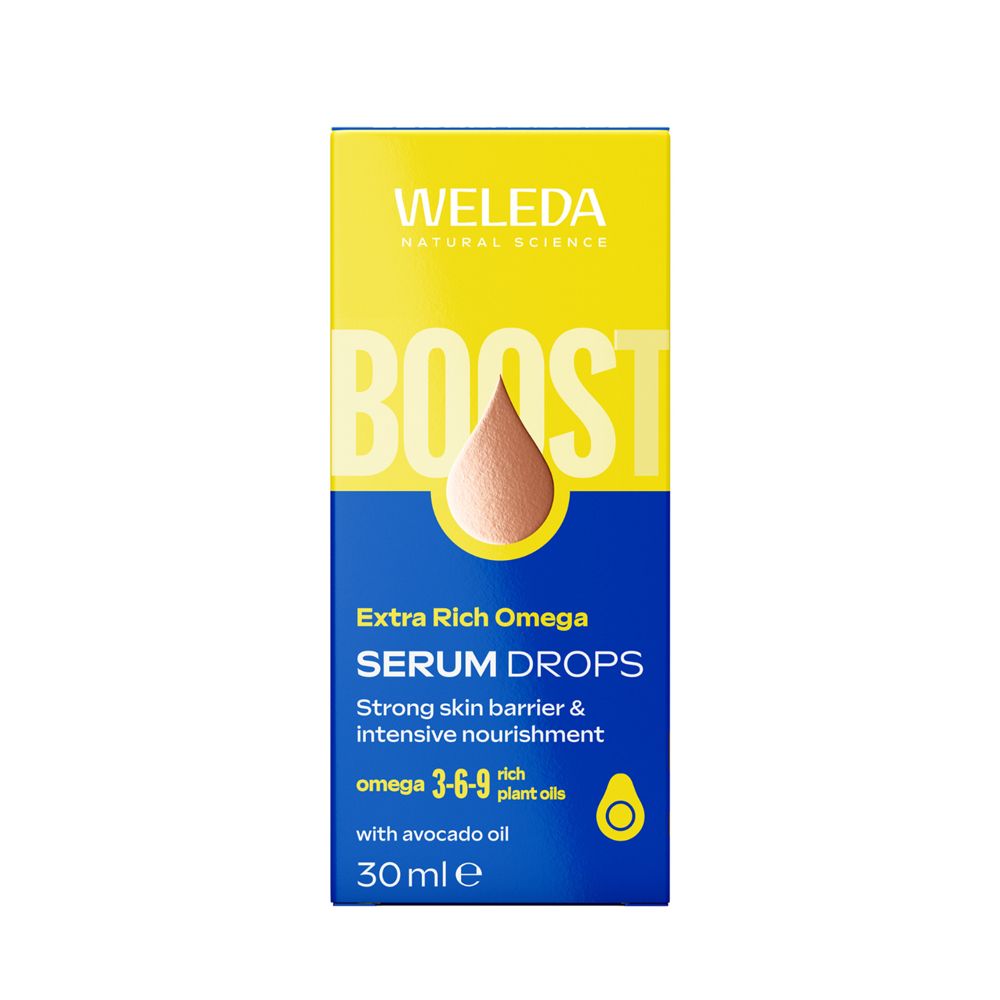 Scatola gialla. Scritta: WELEDA, Extra Rich Omega, Serum Drops, 30 ml.