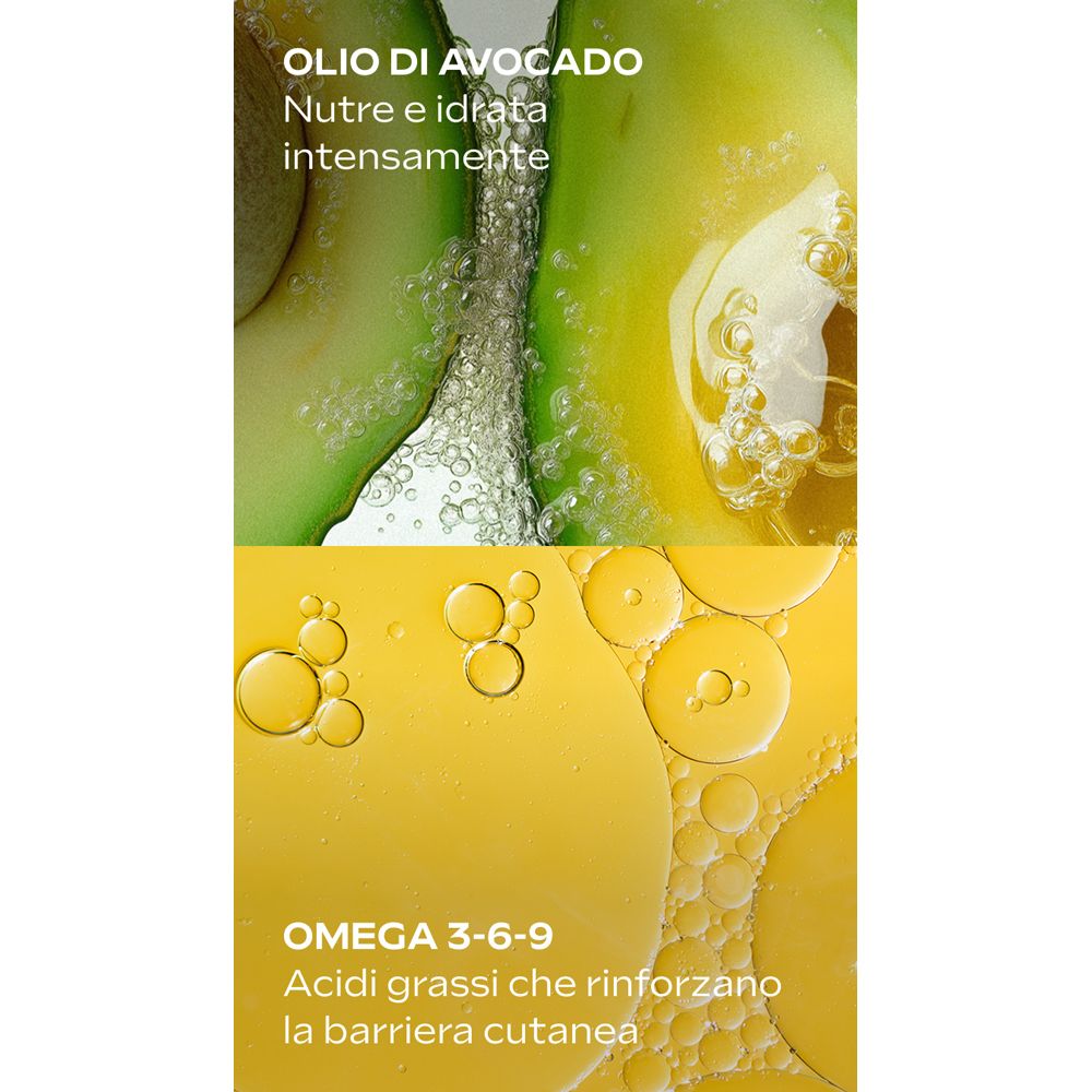 Metà di avocado e gocce d'olio. Testo: Olio di avocado, Omega 3-6-9.