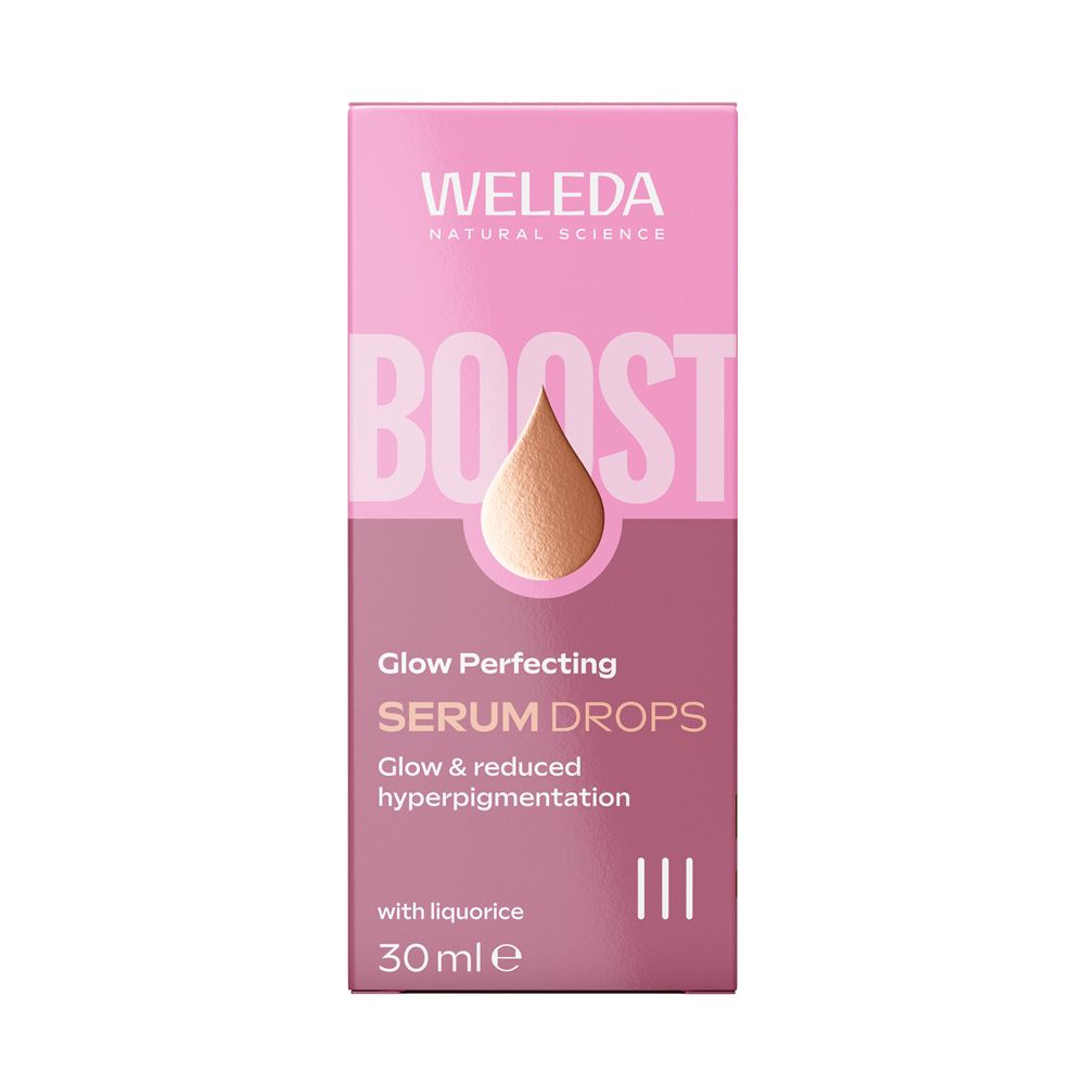 Confezione rosa. Scritta: WELEDA, Glow Perfecting Serum Drops, 30 ml.