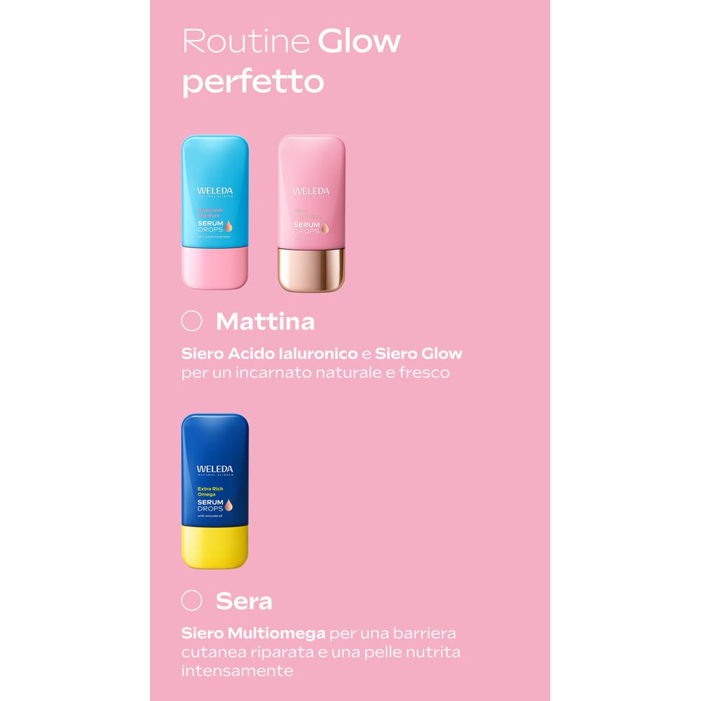 Routine Glow. Prodotti: Siero Acido Ialuronico e Siero Glow, Siero Multiomega.