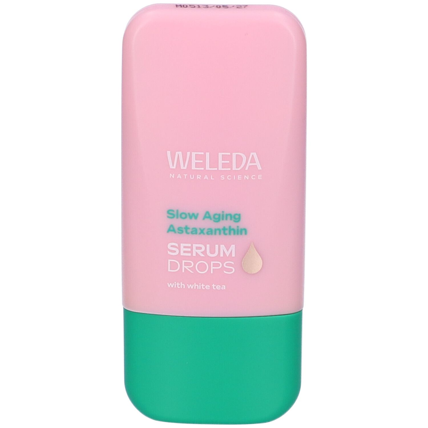 Flacone rosa-verde con logo WELEDA e testo. Contiene Serum Drops. Simbolo goccia. Slow Aging Astaxanthin.
