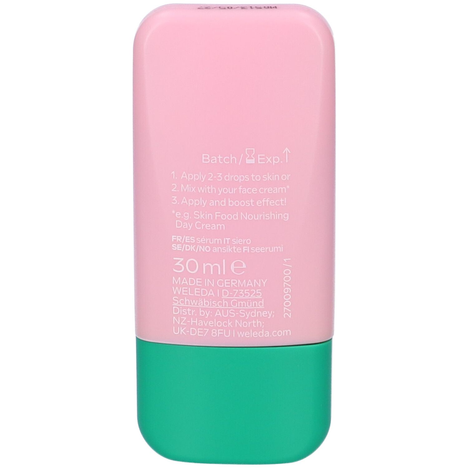 Retro del flacone. Testo: Utilizzo, ingredienti, informazioni produttore. 30 ml. Sfondo verde e rosa.