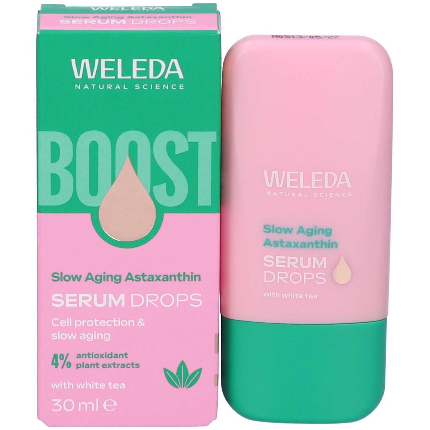 Confezione del prodotto con flacone. Logo WELEDA, testo: Serum Drops, Slow Aging Astaxanthin. 30 ml. Con tè bianco.