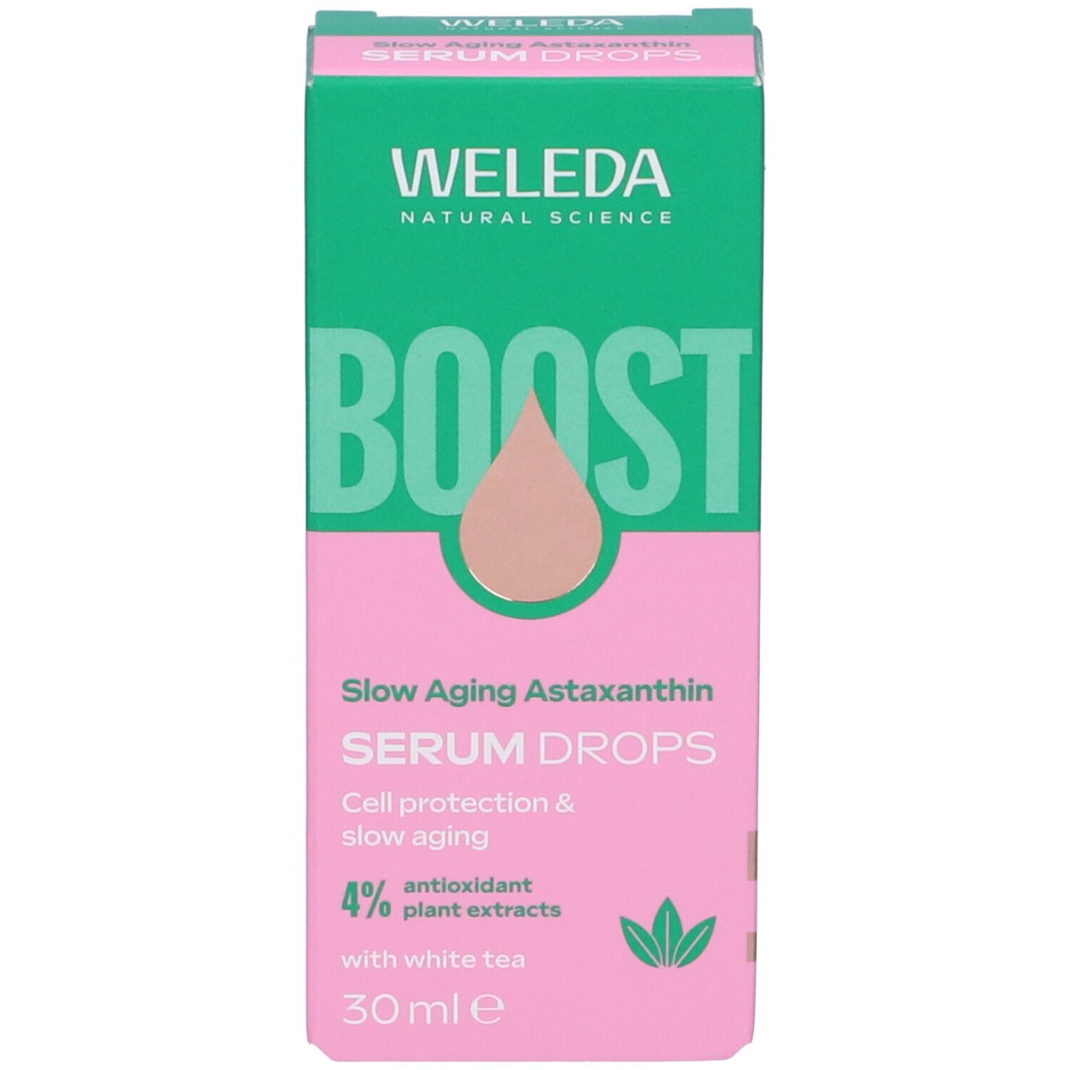 Confezione del prodotto. Logo WELEDA, testo: Serum Drops, Slow Aging Astaxanthin. 30 ml. Con tè bianco. Design verde-rosa.