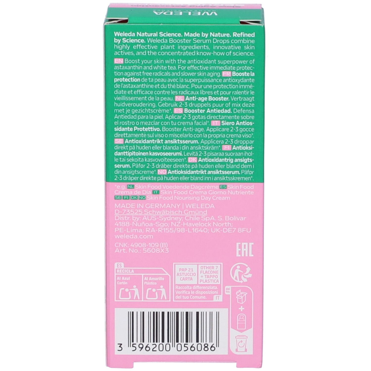 Confezione del prodotto. Testo: Utilizzo, informazioni produttore, codice a barre. Sfondo verde e rosa.