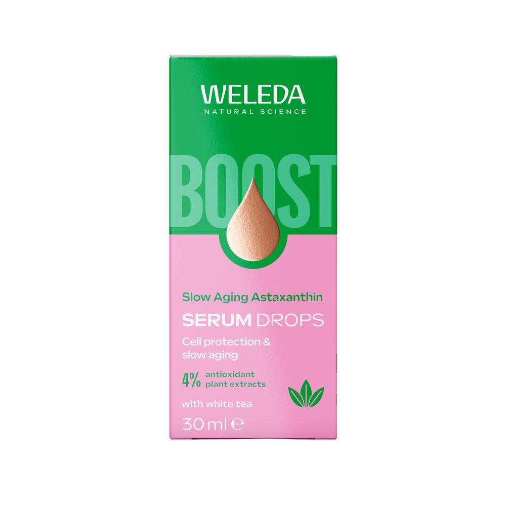 Confezione del prodotto. Logo WELEDA, testo: Serum Drops, Slow Aging Astaxanthin. 30 ml. Con tè bianco. Design verde-rosa.