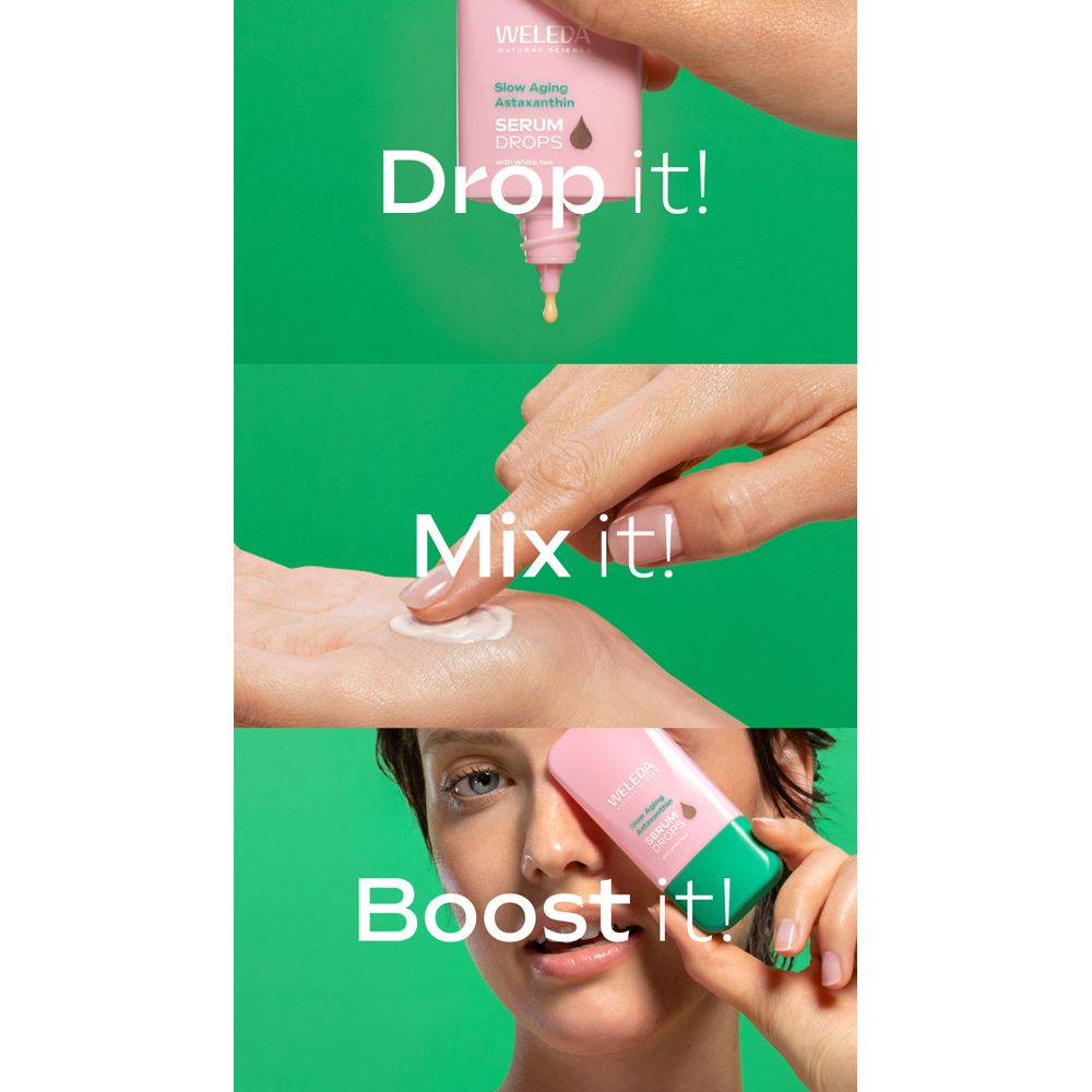 Applicazione del siero. Gocce, miscelazione, applicazione. Testo: Drop it!, Mix it!, Boost it! Sfondo verde.
