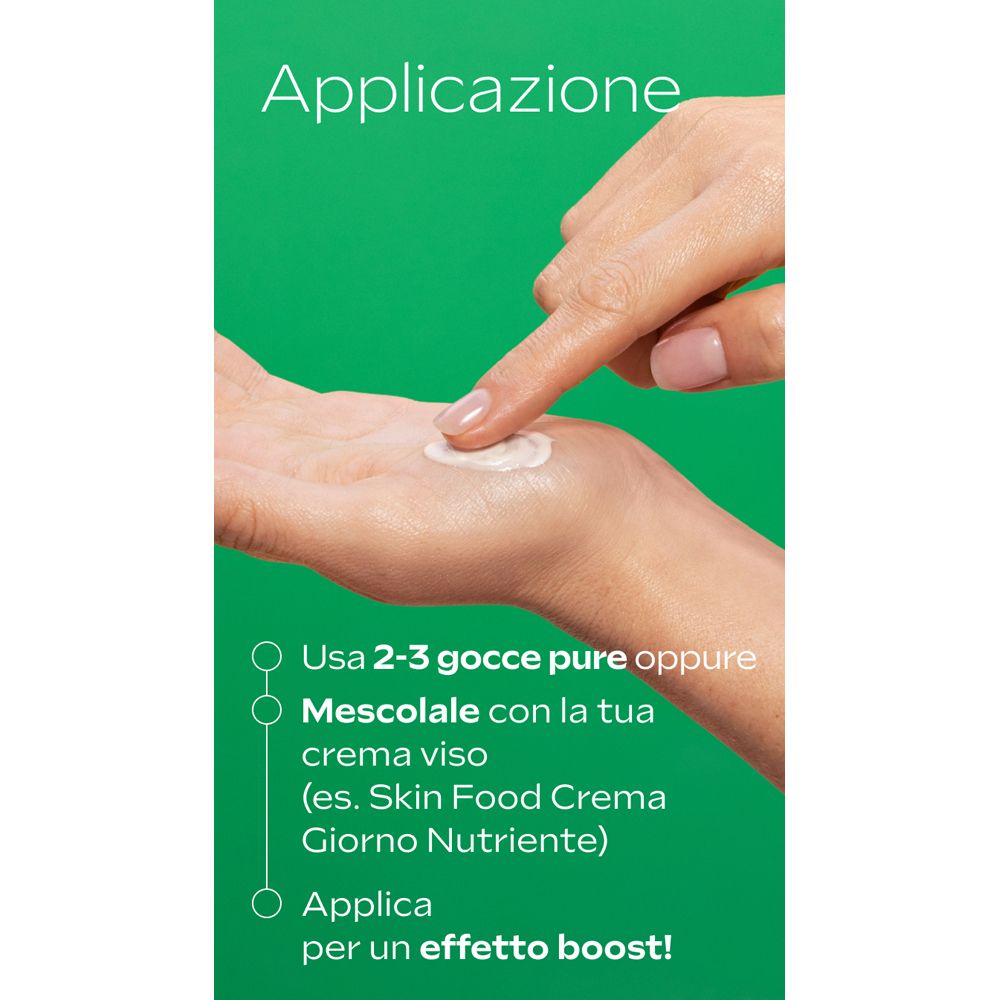 Applicazione del siero. Testo: Applicare 2-3 gocce o mescolare con una crema. Sfondo verde.