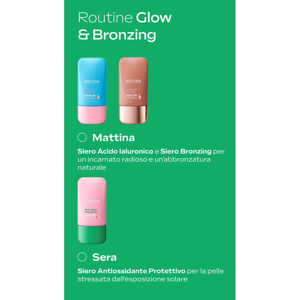 Routine per la pelle radiosa. Prodotti: siero e siero abbronzante. Testo: Mattina, Sera. Sfondo verde.