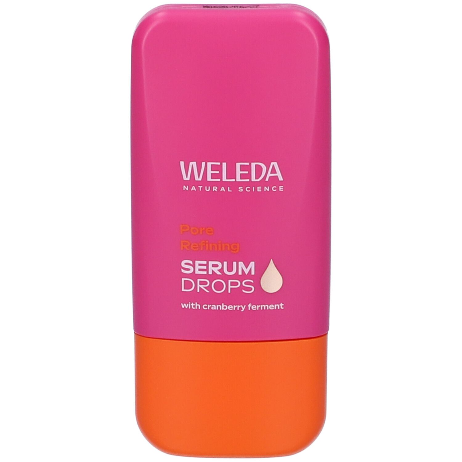 Flacone rosa-arancio. Scritta: WELEDA, Pore Refining Serum Drops. Con fermento di mirtillo rosso.