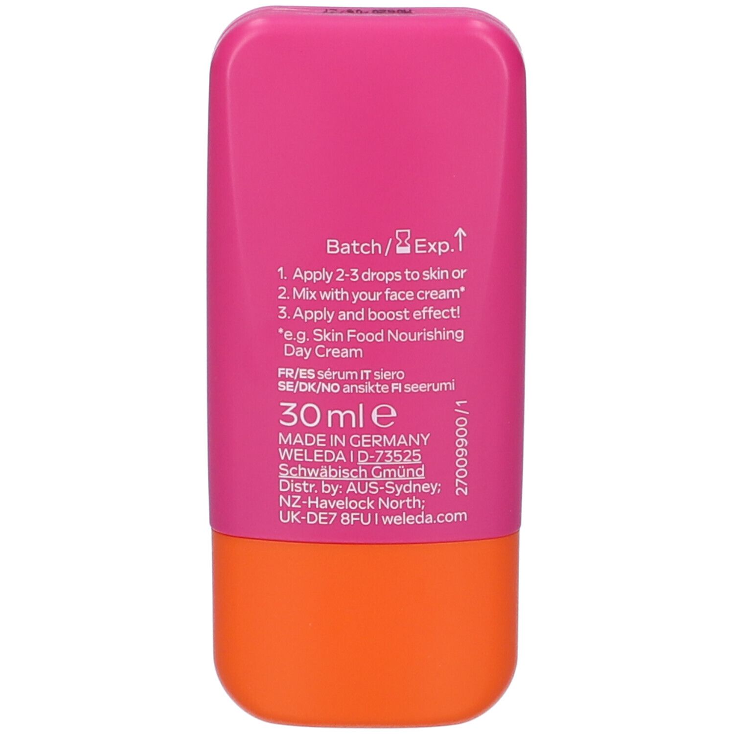 Retro del flacone. Testo: 30 ml. Made in Germany. Istruzioni per l'uso.