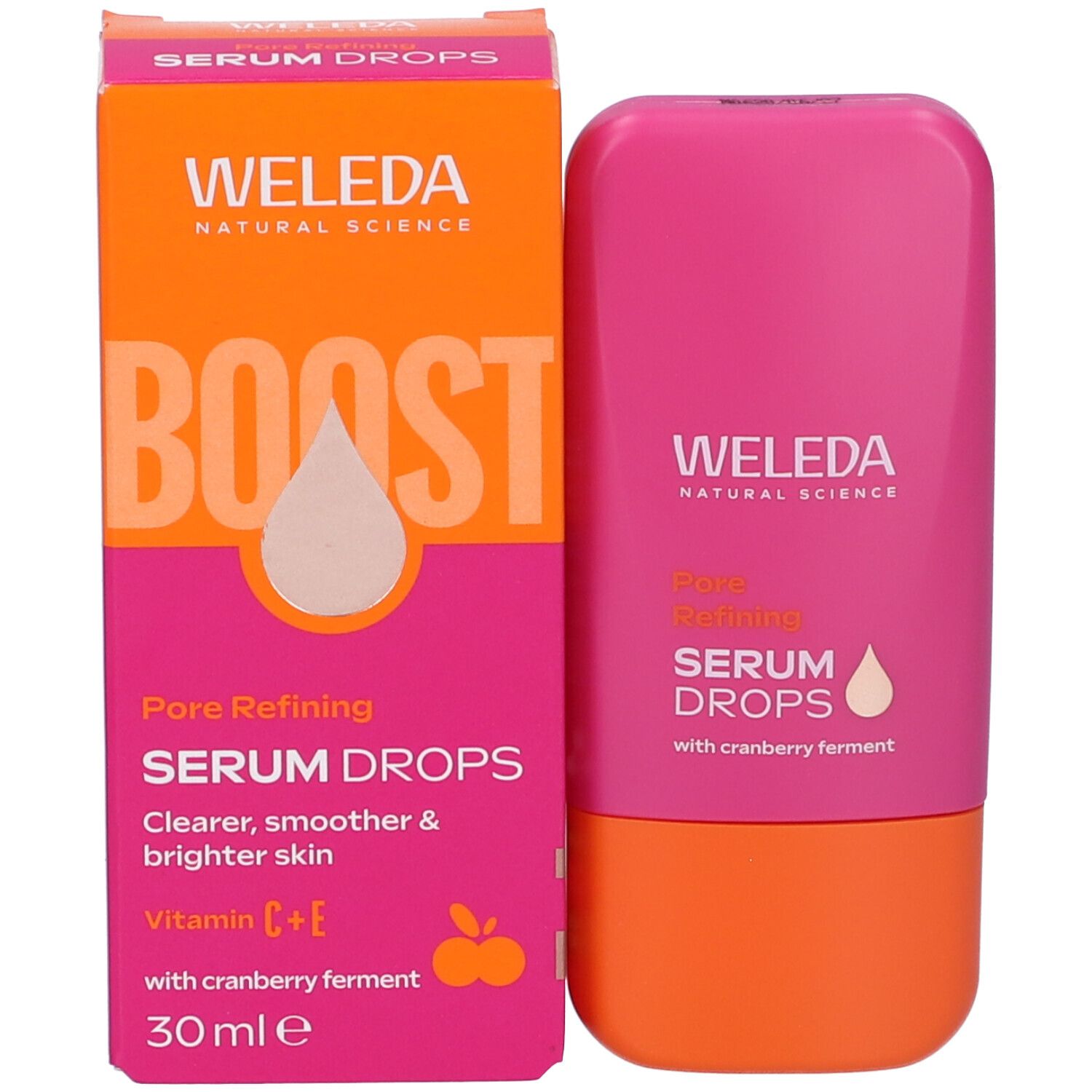 Prodotto e confezione. Flacone e scatola. Scritta: WELEDA, Serum Drops. 30 ml.