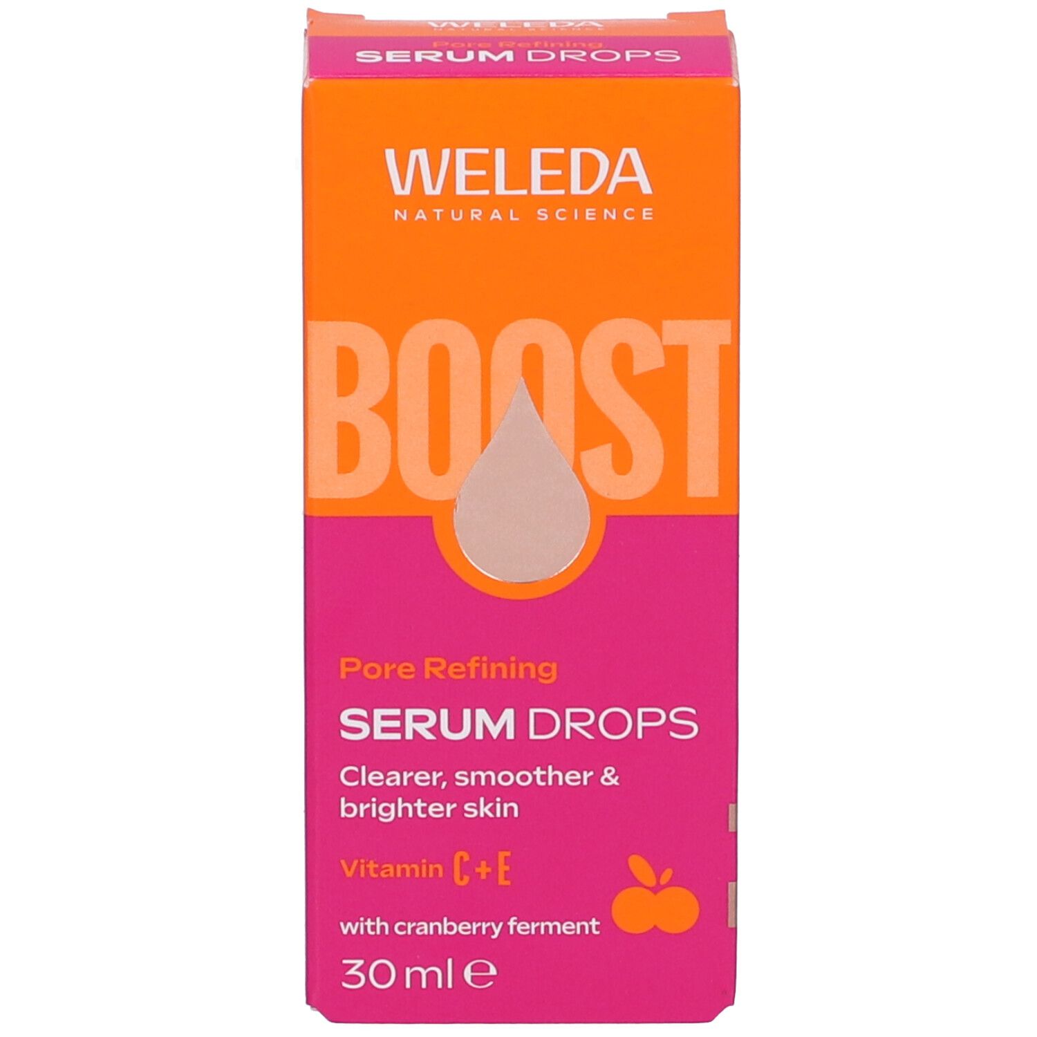 Confezione. Scritta: WELEDA, Serum Drops. 30 ml. Con fermento di mirtillo rosso. Vitamina C+E.