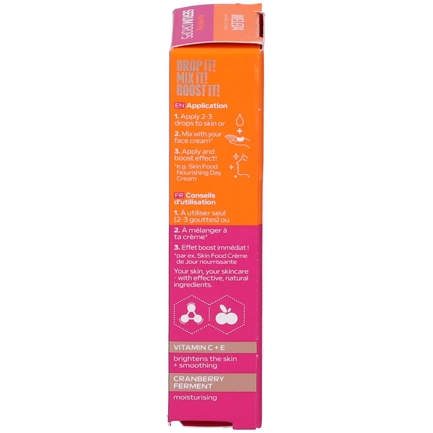 Confezione. Istruzioni per l'uso. Testo: Drop it! Mix it! Boost it!