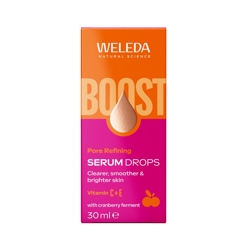 Confezione. Scritta: WELEDA, Serum Drops. 30 ml. Con fermento di mirtillo rosso. Vitamina C+E.