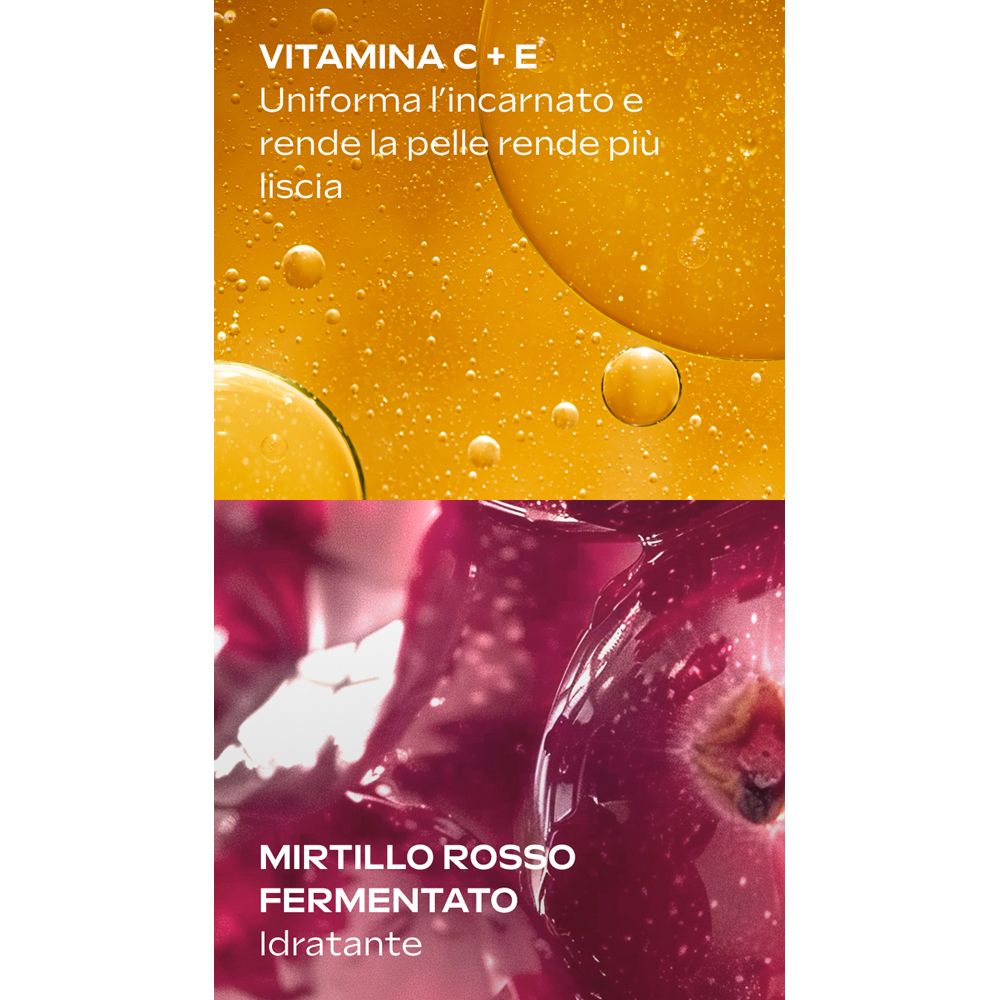 Primo piano di liquidi. Testo: Vitamina C+E. Mirtillo rosso fermentato.