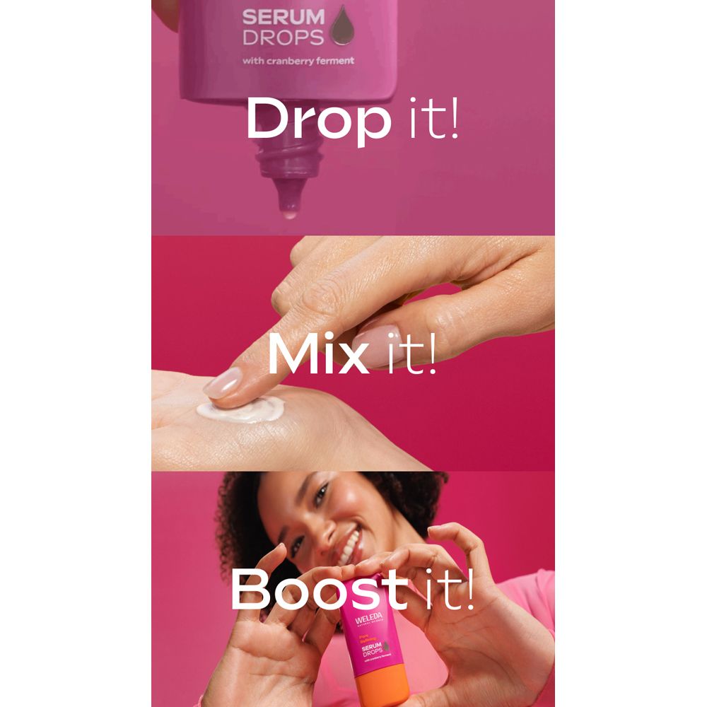 Fasi di applicazione. Testo: Drop it!, Mix it!, Boost it! Flacone del prodotto.