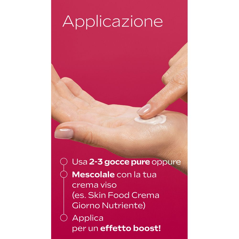 Applicazione. Testo: Usa 2-3 gocce pure oppure mescolale con la tua crema viso.