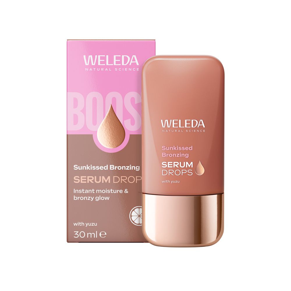 WELEDA Serum Drops e confezione. Confezione rosa con nome e logo del prodotto. Con Yuzu.
