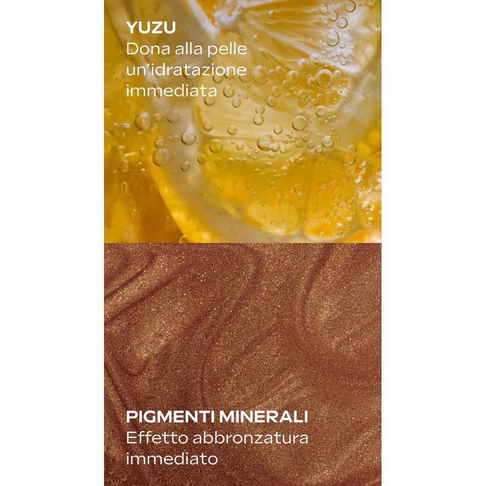 Primo piano di Yuzu e pigmenti. Testo: Yuzu, Pigmenti minerali, Effetto abbronzatura immediato.