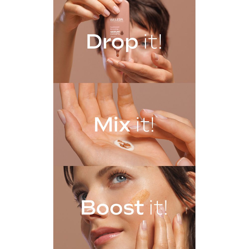 Fasi di applicazione. Drop it!, Mix it!, Boost it! Il prodotto viene applicato, miscelato e potenziato.