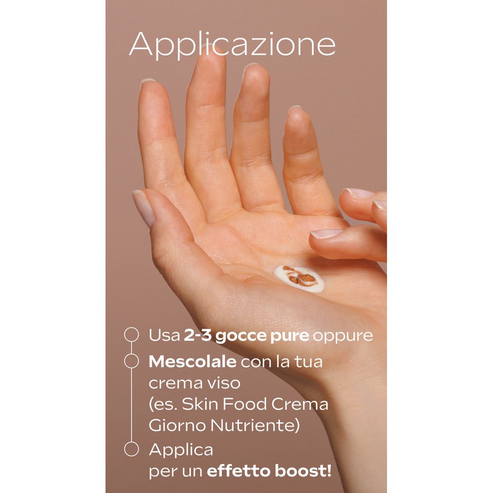 Applicazione. Applicare 2-3 gocce, mescolare con una crema, applicare. Testo: Skin Food Crema Giorno Nutriente.